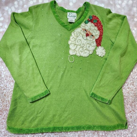 Quacker Factory Vintage Green Christmas V-Neck Sweater, Women's Large - Picture 1 of 10